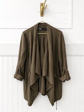 Zara olive waterfall open-front jacket